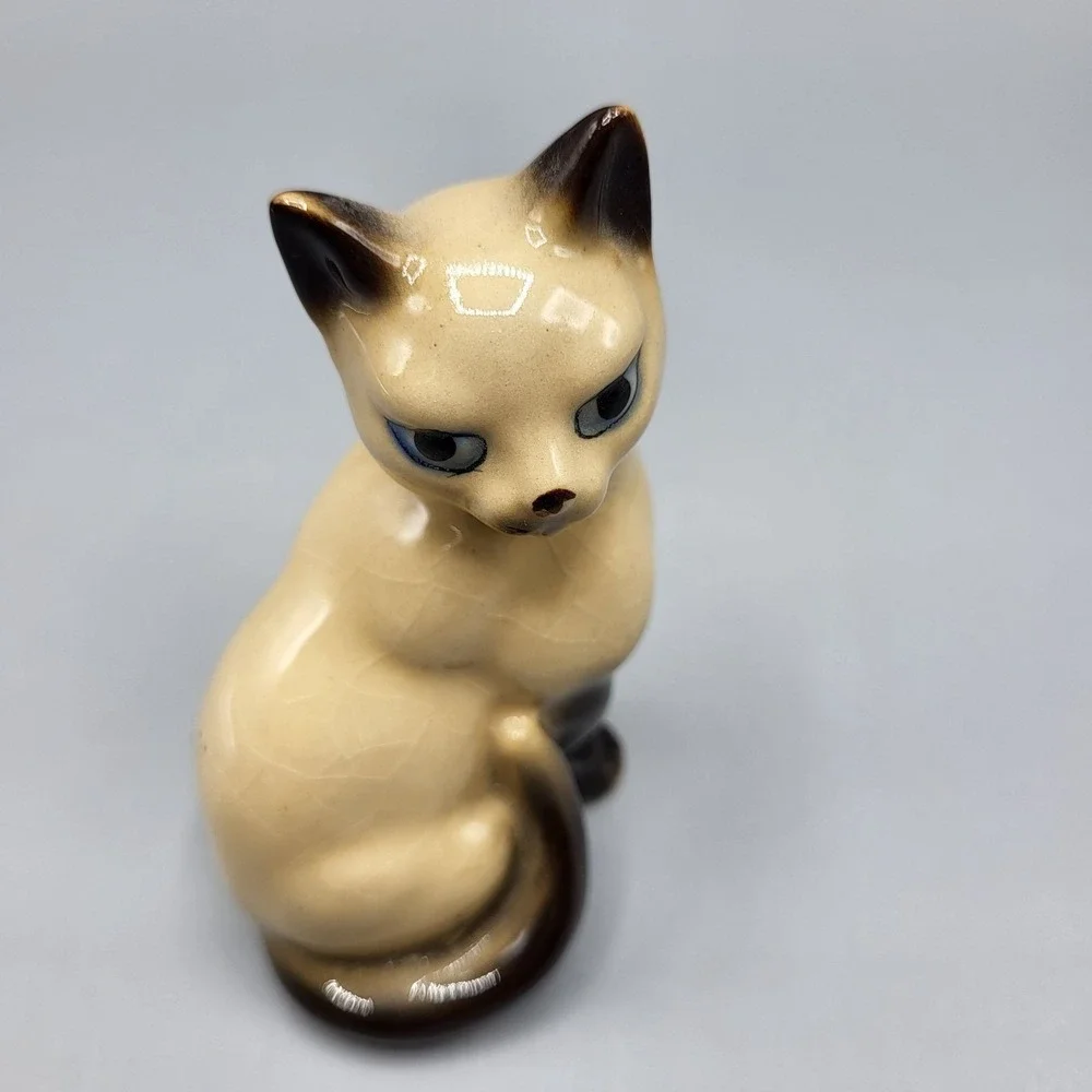 Vintage Ceramic Siamese Cat Figurine Japan Beige Brown Collectible Shelf Decor